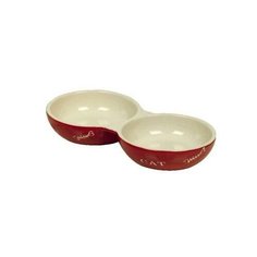 Миска двойная керамическая с рисунком "Cat" (красная), 22 см Nobby