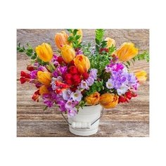 Алмазная мозаика "Красивые цветы в ведёрке", квадратная, 25 цветов Рыжий кот