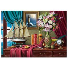 Алмазная мозаика "Стол путешественника", классическая, 30х40 см (без подрамника, с полным заполнением) Рыжий кот