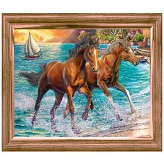Алмазная мозаика "Лошади на закате у моря", блестящая, 22x32 см, с подрамником Рыжий кот