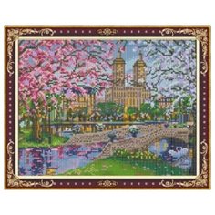 Алмазная мозаика "Цветущий город", 40х50 см (с подрамником, с полным заполнением, камни разных форм) Рыжий кот