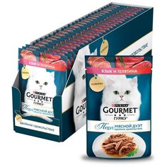 Влажный корм для кошек Gourmet Perle Мясной Дуэт c языком и телятиной 26 шт. х 75 г (кусочки в соусе)
