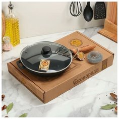 Сковорода чугунная литая, 260 х 40 мм, с деревянной ручкой и стеклянной крышкой 5202468 Maysternya