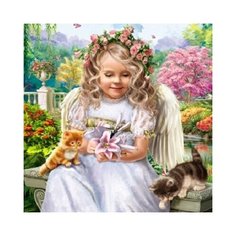 Алмазная мозаика, классическая "Ангелочек с котятами", 20х20 см (c подрамником, с полным заполнением)