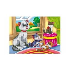 Алмазная мозаика, блестящая "Кошка с котятами", 17х22 см (без подрамника, с частичным заполнением)