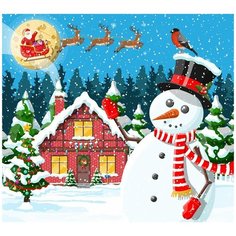 Алмазная мозаика Снеговик и снежный домик 20х20 см, полн. заполнение, с подр. Рыжий кот