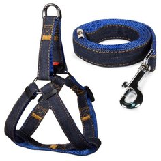 Комплект для животных "Triol" (шлейка и поводок), джинсовый/синий (350-450х15 мм; 1200х15 мм)