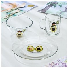 Набор для завтрака 3 предмета "Авокадо" (тарелка 20 см, миска 13 см, кружка 200 мл) 5121082 Gid Glass