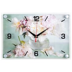 Настенные часы прямоугольные бесшумные кварцевые с плавным ходом на батарейках АА 21 Век Пионы с крупными арабскими цифрами отметками для дома кухни спальни детской кафе основание из ДПВ циферблат с рисунком под оргстеклом, размер 30.5х20.5 см