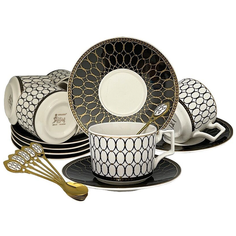 Набор из 6 чайных пар с чайными ложками. Lenardi. Форма "Равновесие". Рисунок "Восточные мотивы. Кольца". 18 предметов. 230 мл. Подарочная упаковка.