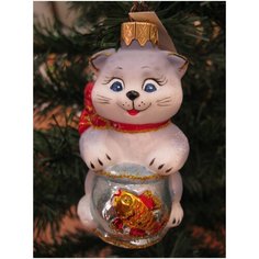 Елочная игрушка Элита Кот ГФ-492, белый/голубой/красный, 10 см Elita