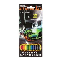 Карандаши цветные BRAUBERG "InstaRacing", 12 цветов, заточенные, картонная упаковка с отделкой выборочным лаком, 180533