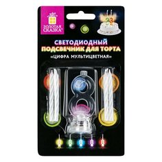 Цифра-подсвечник "8" светодиодная, золотая сказка, в наборе 4 свечи 6 см, 1 батарейка, 591431