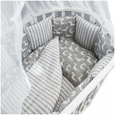 Комплект Premium в кроватку 18 предметов (6+12 подушек-бортиков) AmaroBaby Сказочные Единорожки, белый/серый (бязь)