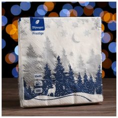 Пёрышко Новогодние салфетки бумажные Перышко Prestige 33х33 "Зимний лес" синий цвет 3сл 20л.