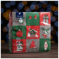 Пёрышко Новогодние салфетки бумажные Перышко Prestige 33х33 "Пэчворк" 3сл 20л.