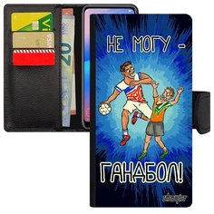 Противоударный чехол книжка на смартфон // Galaxy A40 // "Не могу - у меня гандбол!" Комикс Надпись, Utaupia, синий