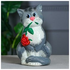 Копилка "Кот с розой", покрытие лак, серая, 28 см, микс Керамика ручной работы
