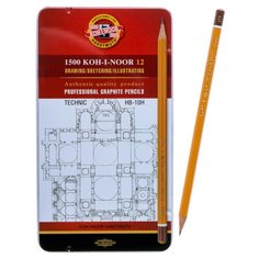 Набор карандашей чернографитных разной твердости 12 штук Koh- i- Noor 1500, HB-10H, в металлическом пенале