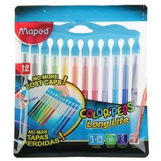 Фломастеры 12 цветов, Maped Color Peps Long Life, смываемые, заблокированный пишущий узел, нетеряемый колпачок