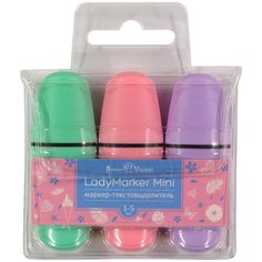 Текстовыделитель Bruno Visconti, Набор, 3 цвета, ПВХ - карман, мятный, розовый, сиреневый, LadyMarker Mini, Арт. 22-0066