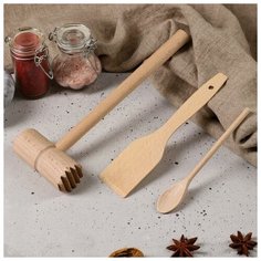 Набор кухонный "Хозяйка", 3 предмета: молоток для мяса, лопатка, ложка Доброе дерево