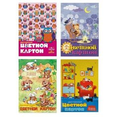 Картон цветной двухсторонний А4, 10 листов, 20 цветов "Мультики", 200г/м2, мелованный, 4 вида микс Альт
