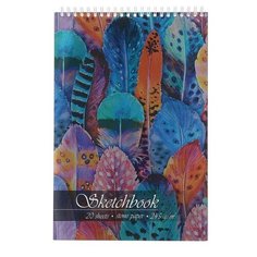 Скетчбук А4, 20 листов на гребне "Перья", обложка мелованный картон, тиснение фольгой, твин- лак, 245 г/м2 Полотняно Заводская Бумажная Мануфактура