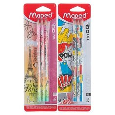 Набор карандашей чернографитных 6 штук, Maped Tatoo, из американской липы, НВ, трёхгранные, микс