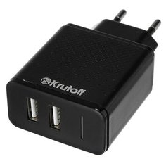 Сетевое зарядное устройство Krutoff, 2 USB, 2.4 A, черное