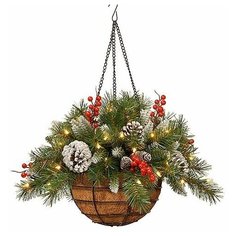 Хвойная композиция заснеженная в кашпо с шишками и ягодами, 36 см, 15 LED огней, батарейки, National Tree Company 31FRB