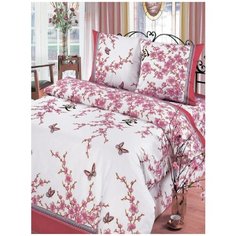 Комплект постельного белья Миланика, Сакура бело-земельная, 2-спальный с евро простыней, Бязь 100% хлопок Milanika