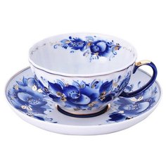 Чашка с блюдцем чайная. Гжельская мануфактура. Белый лебедь. Роза. (С золотом). 275 мл.