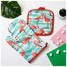 Кух. набор 2 пр. Доляна "Фламинго"цв. зеленый, прихватка 16*16 см, рукавица 25*16 см,100% п/э 384063