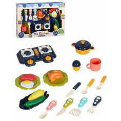 Детский игровой набор "Игрушечная посуда и продукты", плита, посудка, игрушечные столовые приборы, игрушечные продукты, кулинария, играем в повара, игрушечное угощение, ждем гостей, сюжетные игры, цвет синий, в/к 45х7х31 см Компания Друзей