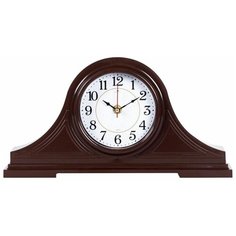Часы настольные Рубин Классика 1834-003 коричневые для прихожей, спальни, детской, размер 35x18 см, кварцевый механизм с плавным ходом, арабские цифры, корпус пластмасса, стекло, металл, работа от 1 пальчиковой батарейки тип АА