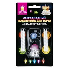 Цифра-подсвечник "6" светодиодная, золотая сказка, в наборе 4 свечи 6 см, 1 батарейка, 591429