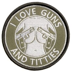 Нашивка шеврон (патч) на липучке Shevrons "I love guns & titties" (Олива-белый) 8,5х8,5 см тактический