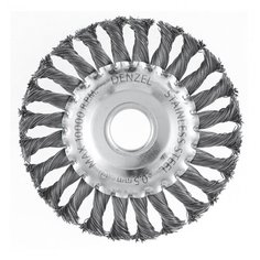 Щетка для УШМ, 125 мм, "Плоская", крученая нержавеющая проволока 0,5 мм, посадка 22,2 мм// Denzel