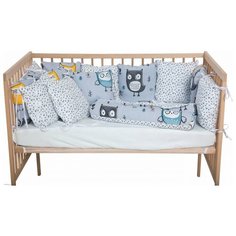 Вомбатик Бортик в кроватку 3 в 1 Совята (14 предметов) голубой/серый