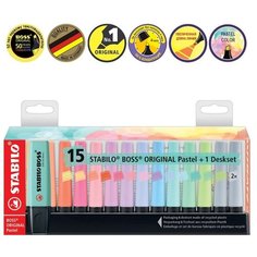Текстовыделитель STABILO BOSS ORIGINAL Pastel набор пастельных 15 цветов, настольный