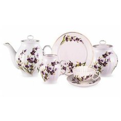 Сервиз чайный. Дулёвский фарфоровый завод. Форма Белый лебедь. Рисунок Лаванда Отводка золотом. 21 предмет.