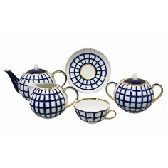 Сервиз чайный. Дулёвский фарфоровый завод. Форма "Тюльпан". Рисунок "Клеточка". 15 предметов.