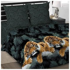 Постельное белье семейное Традиция Амур, поплин, 2 наволочки 70 х 70 см, зеленый/черный/бежевый