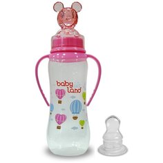 Baby Land Бутылочка с ручками, колпачком-игрушкой + 2 анатомические соски (+ 3 мес и +6 мес), 240 мл, с 3 месяцев, розовый