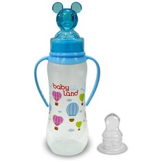 Baby Land Бутылочка с ручками, колпачком-игрушкой + 2 анатомические соски (+ 3 мес и +6 мес), 240 мл, с 3 месяцев, голубой