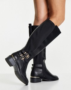 Черные сапоги до колена на плоской подошве в жокейском стиле New Look Extra Wide Fit-Черный цвет