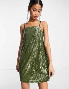 Зеленое платье-комбинация мини с квадратным вырезом и пайетками Topshop-Зеленый цвет