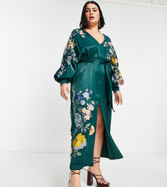 Хвойно-зеленое атласное платье миди с поясом и цветочной вышивкой ASOS EDITION Curve-Зеленый цвет