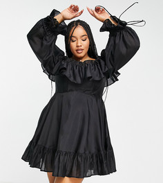 Эксклюзивное черное платье мини с открытыми плечами и оборками ASOS DESIGN Curve-Черный цвет